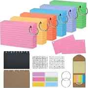 MirraSwit Pack of 300 Index Cards A7, Colourful Thickened Lined Index Cards, Lined Flashcards with Metal Ring, Mobile Phone Stickers, Logo Stickers for English Vocabulary, Formulas and Notes