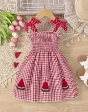 Girls 3T Dress Watermelon Plaid Bow Cami Dress