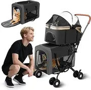 Double Pet Stroller for Dogs & Cats, Dog Stroller Foldable Travel Carriage with Detachable Carriers, Safety Belts, and 4 Lockable Wheels for Small to Medium Pets – Ideal for Multi-Pet Homes (Black)
