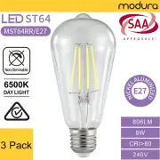 3 x LED ST64 Vintage Filament Light Globes Edison Bulb E27 8W 6500K Daylight SAA