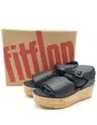 FitFlop Eloise Wedge Sandals Women's Black Leather Cork-Wrap Back-Strap Size 10