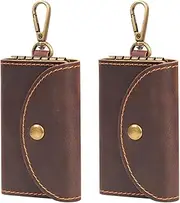 [UVKDEENK] 2 Pack Mens Key Case, Retro Crazy Horse Leather Car Key Holder, Key Pouch Card Cover with 6 Metal Hook Keyring, Snap Closure Key Bag, Coffee