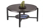 Black Round Coffee Table with Storage Shelf in Copper Finish Top