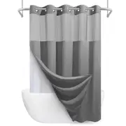 No Hook Shower Curtain with Snap-in Liner and See Through Top Window-Grey