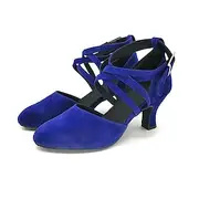 Women's Royal Blue Suede Latin Dance Shoes – Closed Toe Heels with Crisscross Straps for Salsa, Ballroom Performance