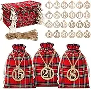 Christmas 24 Days Advent Calendar Xmas Countdown Wooden Numbers with 24 Pieces Buffalo Check Drawstring Christmas Bags for Party Decoration