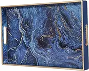 Zosenley Decorative Tray, Marbling Plastic Tray with Handles, Rectangular Vanity Tray and Serving Tray for Bathroom, Kitchen, Ottoman and Coffee Table, 15.6” x 10.2”, Blue