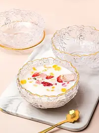 在飛比找樂天市場購物網優惠-墨色透明玫瑰金邊玻璃水果碗創意個性沙拉碗可愛甜品碗家用燕窩碗