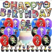 SYTTNUM Dandy Birthday Party Set, Includes Banner, 16 Balloons (Blue, Black, Red, Purple), 12 Cupcake Decorations & Large Cake Decoration