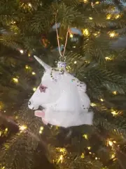 Unicorn Ornament Head Bust White Pink Mythical Fantasy Fur Collar Bow