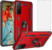 Phone Case for Samsung Galaxy S21 FE Gaxaly S 21 FE 5G with Tempered Glass Screen Protector Cover Stand Ring Holder Hard Shockproof Magnetic Heavy Duty Accessories Glaxay S21FE5G UW S21FE 21S G5 Red