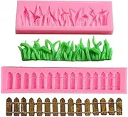 (Set of 2) Green Grass and Garden Picket Fence Silicone Fondant Mold Chocolate Candy Gumpaste Mold Cake Border Decorating Tool Polymer Clay Mold
