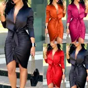 Women Sexy Lapel Collar V Neck Long Sleeves Belt Lace Up Slim Pleated Wrap Dress