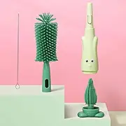 Baby Bottle Cleaning Brush, 1 Set (3 in 1) Food-Grade BPA Free Multi-Functional Silicone Bottle Cleaning Brush Kit, for Cleaning Baby Bottle Nipple Straw Rotating Bottle Cleaning Brush (Green)