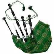 Scottish Highland Rosewood Bagpipe Silver Mounts With Irish Green Cover & Cord