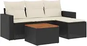 vidaxl Garden Sofa Set - Black Rattan Modular Outdoor Patio Furniture - 5 Piece Set with Wood Table and Cushions - Weather-Resistant Terrace Loungers for Garden, Balcony, Backyard & Deck use