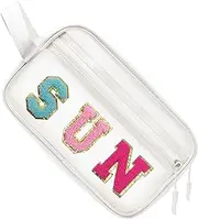 COSHASYOO Clear Makeup Bags with Strap Preppy Chenille Letter Patch Cosmetic Zipper Pouch, Small Cute Travel Toiletry Make Up Gifts Storage Purse Organizer for Women Teens Girls, White-SUN