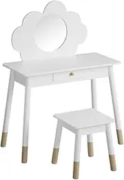 Keezi Kids Vanity Dressing Table Stool Set with Mirror Drawer, 2 in 1 Children Dresser Makeup Desk Chair for Girls Bedroom Furniture, MDF Board Smooth Surface with 4 Wooden Legs White