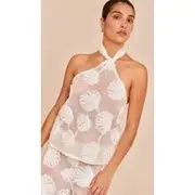 Petite Cream Sheer Shell Applique Knot Detail Top, Cream
