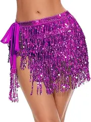 Ammiko Sequin Skirt Fringe Wrap Skirts Sparkly Belly Dance Hip Scarf Tassel Skirt Party Rave Costume for Women Girls