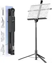 KraftGeek 66" Music Stand for Sheet Music, Portable and Folding Music Stand for Musicians and Instrument Players, Adjustable Music Tray with Page Holder Clips, No Assembly Required, Black