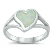 Heart Ring Genuine Sterling Silver 925 White Lab Opal Face Height 11 mm Size 10