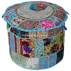 Indian Vintage Embroidered Patchwork Ottoman Pouf Blue Footstool Ethnic Decor