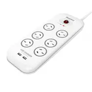 Huntkey SAC607 6 Outlet Surge Protected Powerboard 2 Powered USB Ports (2.4 AMP Combined) - MAX2400W-MAX10A - 240V 2m Lead [SAC607]