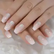 CoolNail Holo Glitter Pink Nude French Ballerina Coffin False Nails Gradient Natural Press on Nails Tips Daily Office Finger Wear