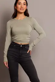 Green Seamless Top Long Sleeve Side Ruched - Size S, Women's T-shirt