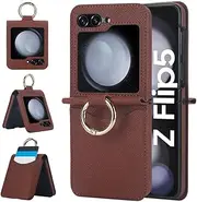 Leather Ring Phone Case for Samsung Galaxy Z Flip 6 5 4 3 Flip6 Flip5 Flip4 Flip3 Wallet with Card Holder Cover,Brown,for Galaxy Z Flip5