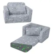 Foldable Kids Couch Bed Dinosaur, Fold Out 17"D x 23.6"W x 12"H Grey Dinosaur