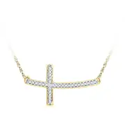10k Yellow Gold Round Diamond Horizontal Cross Necklace 1/10 Cttw