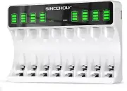 8 Bay LCD Smart AA AAA Battery Charger, USB High-Speed Charging, Independent Slo