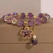 Natural Amethyst Feminine Zirconia Flower Charm Bead Stretch Bracelet Handmade