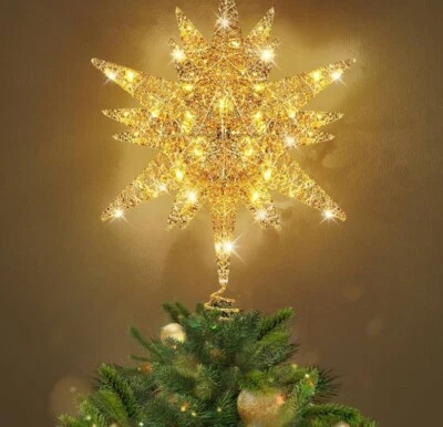 Christmas Tree Topper, Double-Layer Glitter Metal 3D Lighted Tree Topper with US