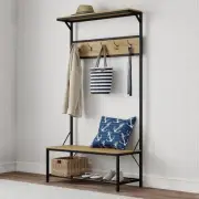 Entryway Coat Rack Metal Hall Tree-Storage Bench, 9 Hooks, 2 Shelves for Shoes