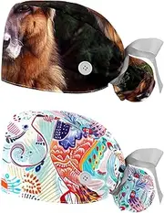 [YTYVAGT] 2-Pc,Nurse Scrub Caps,Scrub Hats with Buttons and Cotton Sweatband,Cute German Shepherd Dog
