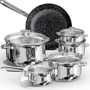 DOLAMOTY Stainless Steel Cookware Set - 12 Piece Pots and Pans Kitchen Sets Including Frying Pans, Saucepans, Stockpots with Glass Lids, Stay-Cool Handles, Dishwasher - Compatible with All Cooktops