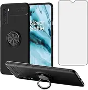 [Asuwish] Compatible with OnePlus Nord Case and Tempered Glass Screen Protector Cell Accessories Ring Holder Stand Kickstand Slim Silicone Phone Covers for One Plus On 1 Plus 1plus One+ 1+ 1+Nord Black