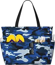 [Ghjkfbf] Blue Camo Print Large Capacity Beach Travel Bag For Family, Beach Tote Bag For Women With Zipper Pockets, Black, One Size