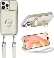 CUSTYPE Case Wallet for iPhone 15 Pro with Card Holder for Women, Crossbody Zipper Case with Strap Wrist, Protective Leather Case Purse with Ring for Apple iPhone 15 Pro 6.1inch, Beige