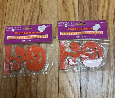 Lot 2 Vtg Halloween 80s 90s Paper Garland NEW Pumpkin Jack-O-Lantern Monster