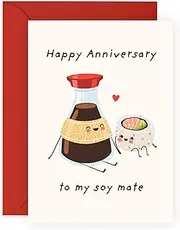 Cute Anniversary Card For Him Her - 'Soy Mate' - Gifts for Babe, Girlfriend, Boyfriend, Husband, Wife, Spouse - Sushi and Soy Sauce - Comes with Fun Stickers