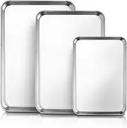 Oven Trays Set of 3, Stainless Steel Rectangle Baking Tray Durable Cookie Sheet Pan, Large Professional Baking Sheet for Oven – Mirror Finish & Heavy Duty, Easy Clean & Dishwasher Safe