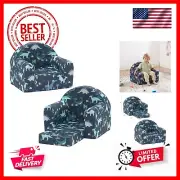 Kids Sofa Couch, 2-in-1 Flip Out Toddler Couch, Baby Lounge Chair Navy Dinosaur