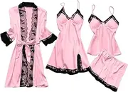 Women's 4PCS Silk Pajama Set Sexy Matching Satin Night Gowns Silky Sleepwear Soft Satin Lingerie Set