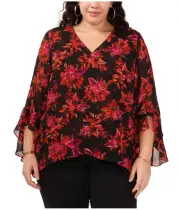 Vince Camuto Womens Floral Tunic Blouse, Black, Plus Size, 1X