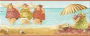 Wallpaper Border Designer Whimsical Ladies at the Beach with Coral Trim