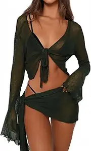 [YOXUA] Women's 2 Pieces Outfits Mesh Perspective Suit Swimming Beach Long Sleeve Crop Top And Mini Skirt Set
